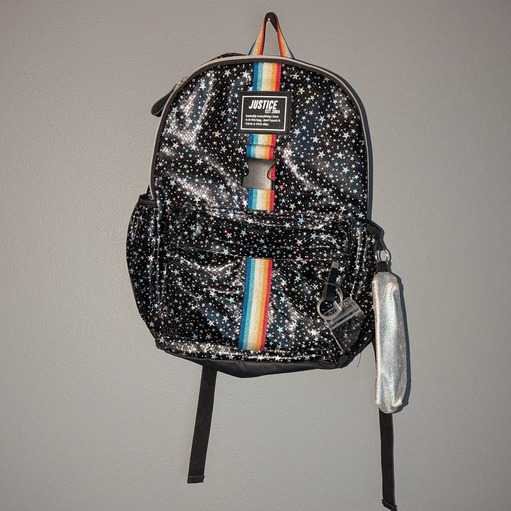 Justice Black Glitter Star Backpack with Rainbow Stripe